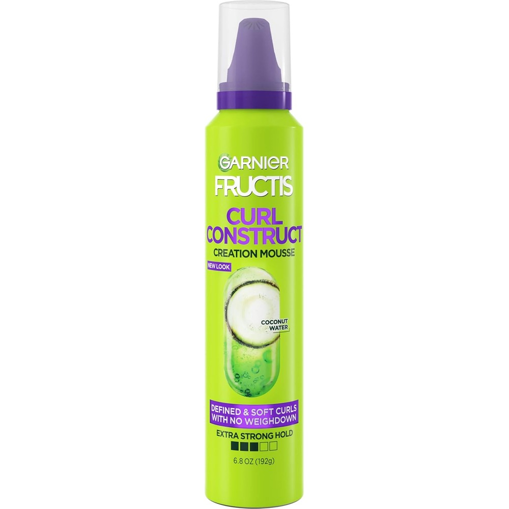 Garnier Fructis Style Curl Construct Creation Mousse front view showcasing bright green bottle with purple cap for curly hair styling.