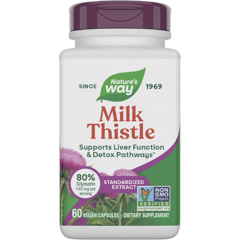 Nature's Way Milk Thistle 60 capsules front view bottle showing liver support benefits
