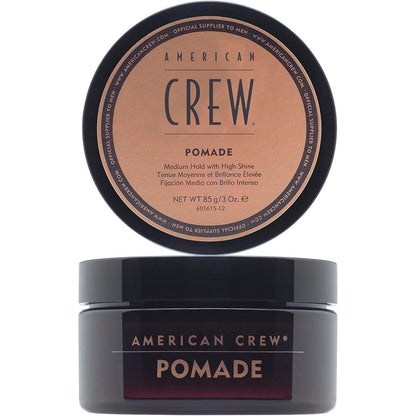 American Crew Men's Hair Pomade front view container on display for men's grooming.