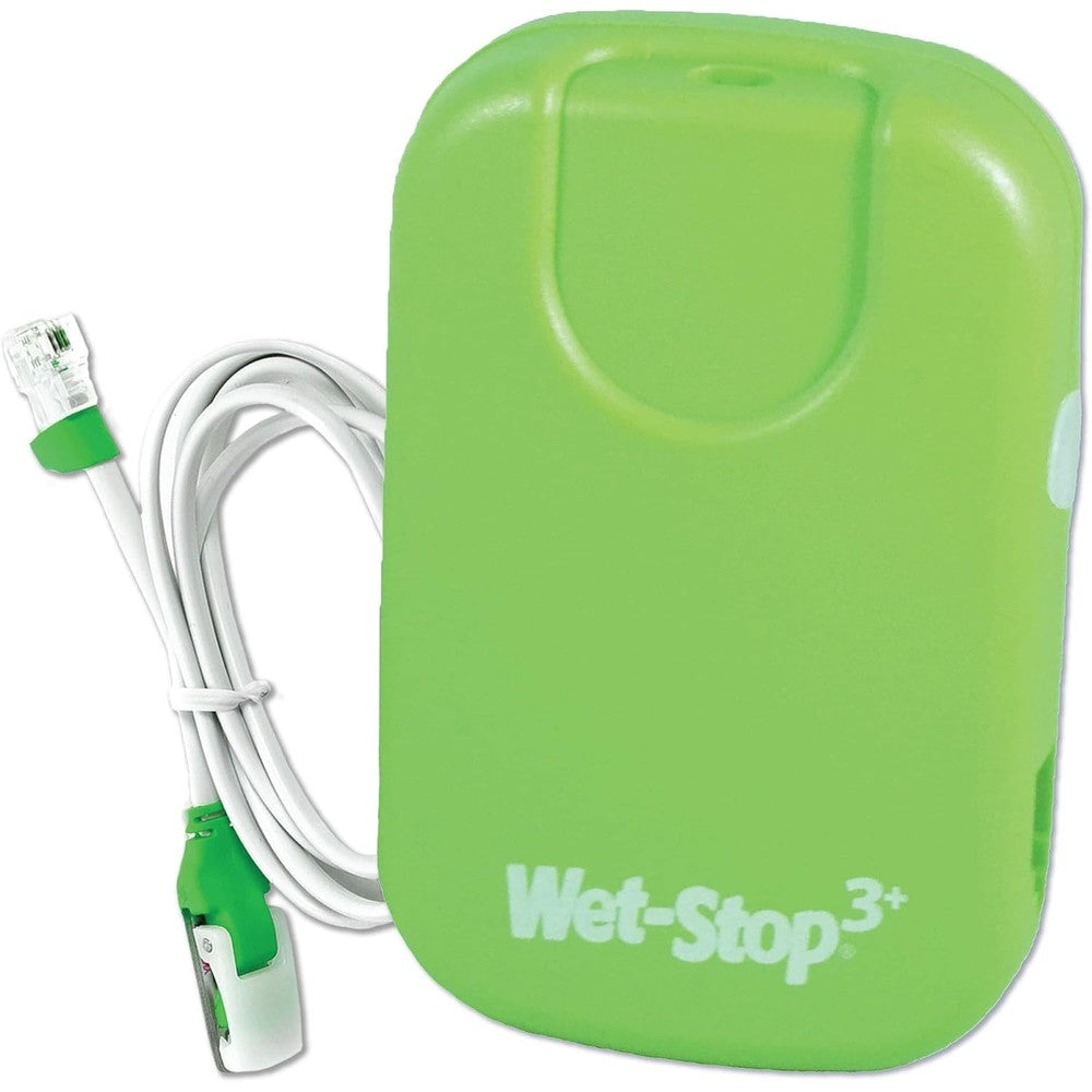 Wet-Stop 3 green bedwetting enuresis alarm front view showing wearable main unit and attached sensor cord.