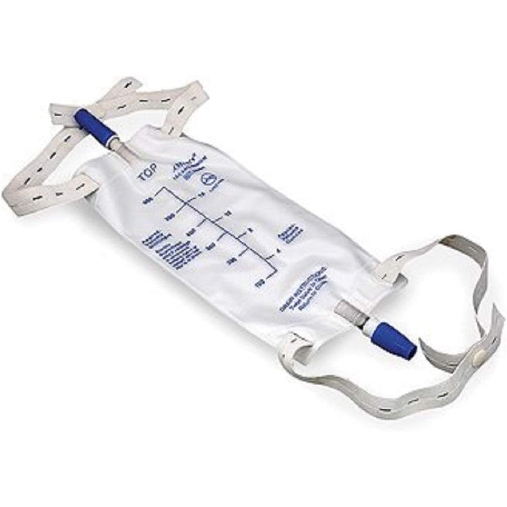 Colonial Medical Assisted Devices AMSure Urinary Leg Bag Large Ninety Hundred Milliliter front view showing secure cloth straps and bottom drain valve.