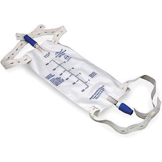 Colonial Medical Assisted Devices AMSure Urinary Leg Bag Large Ninety Hundred Milliliter front view showing secure cloth straps and bottom drain valve.