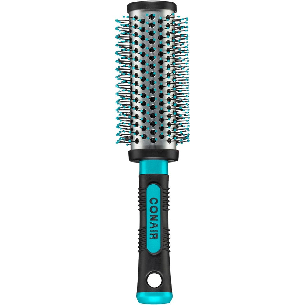 Conair Grip And Style Round Brush front view showing the metal barrel and nylon bristles for blowout styling.