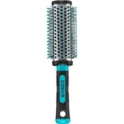 Conair Grip And Style Round Brush front view showing the metal barrel and nylon bristles for blowout styling.