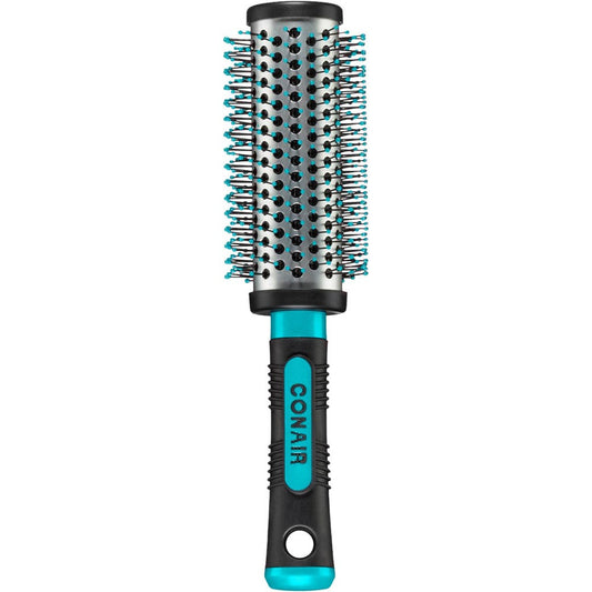 Conair Grip And Style Round Brush front view showing the metal barrel and nylon bristles for blowout styling.