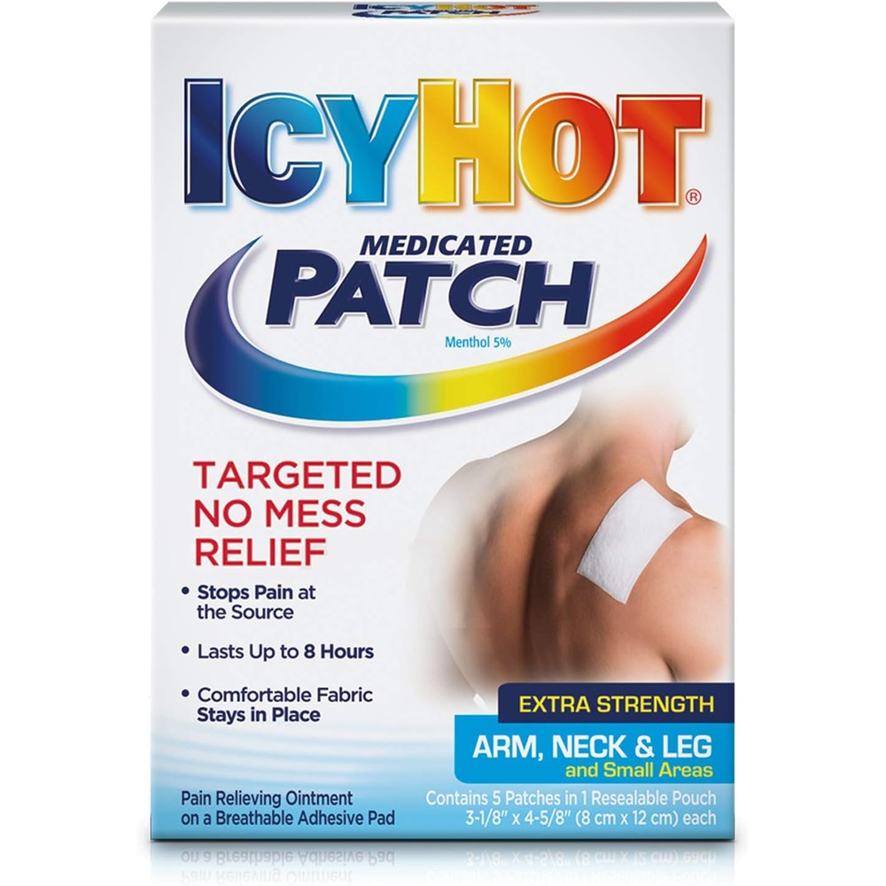 Icy Hot Medicated Patch Extra Strength front packaging showing fifteen pain patches for arm neck and leg relief.