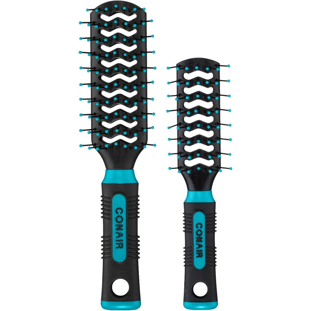 Conair Grip and Lift Vent Hairbrush Set front view showing both full-size and mid-size black and blue styling brushes