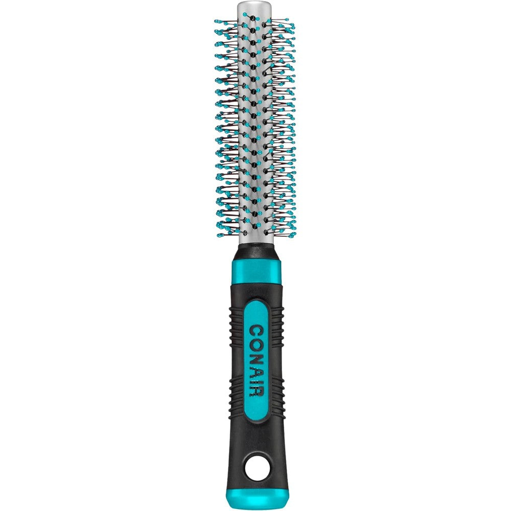 Conair Metal Round Hairbrush front view showing blue nylon bristles and black grip handle.