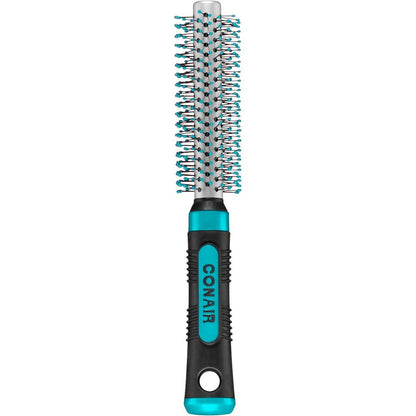 Conair Metal Round Hairbrush front view showing blue nylon bristles and black grip handle.
