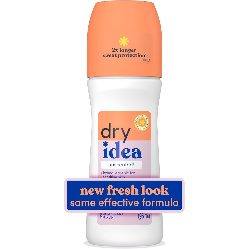 Dry Idea roll on deodorant front view showing white bottle and orange cap
