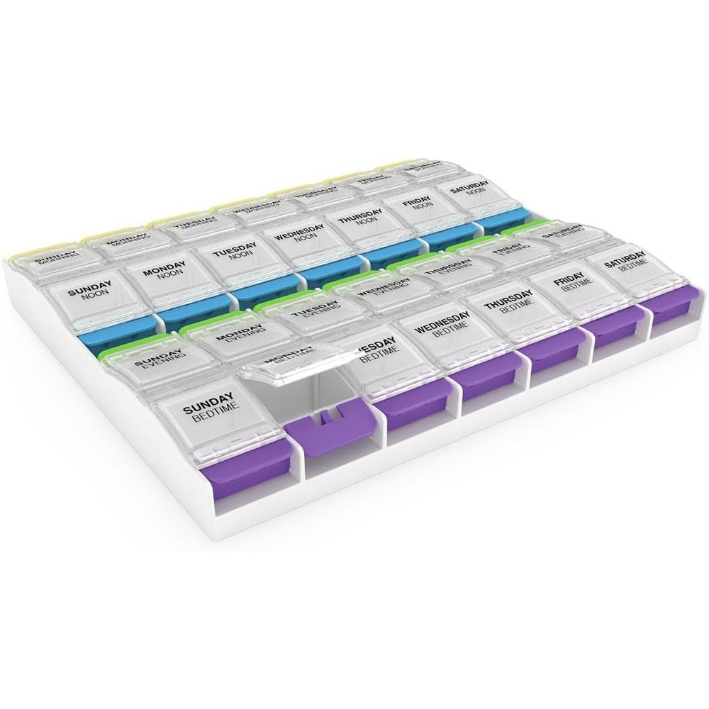 Ezy Dose Weekly Push Button Medtime Pill Planner front view showing color-coded compartments