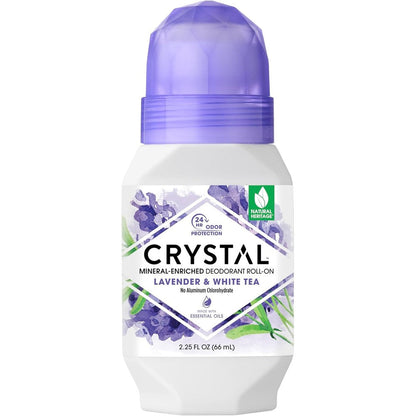 Crystal Essence mineral deodorant roll on lavender front view showing purple packaging
