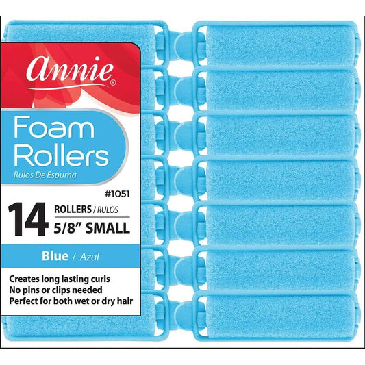 Annie Foam Hair Rollers pack showing 14 count blue small heatless sponge curlers front view