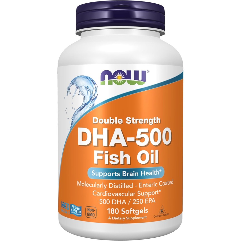 NOW Foods DHA 500 Double Strength 180 Softgels bottle front view premium imported omega 3 supplement