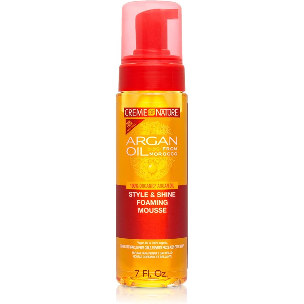 Creme of Nature Argan Oil Style and Shine Foaming Mousse front view for curl defining hair styling.
