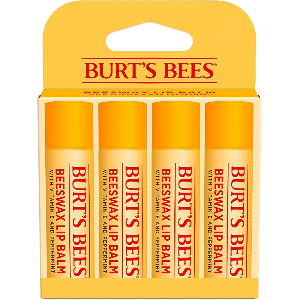Burt's Bees Original Beeswax Lip Balm four pack front packaging view showing moisturizing lip care