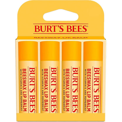 Burt's Bees Original Beeswax Lip Balm four pack front packaging view showing moisturizing lip care