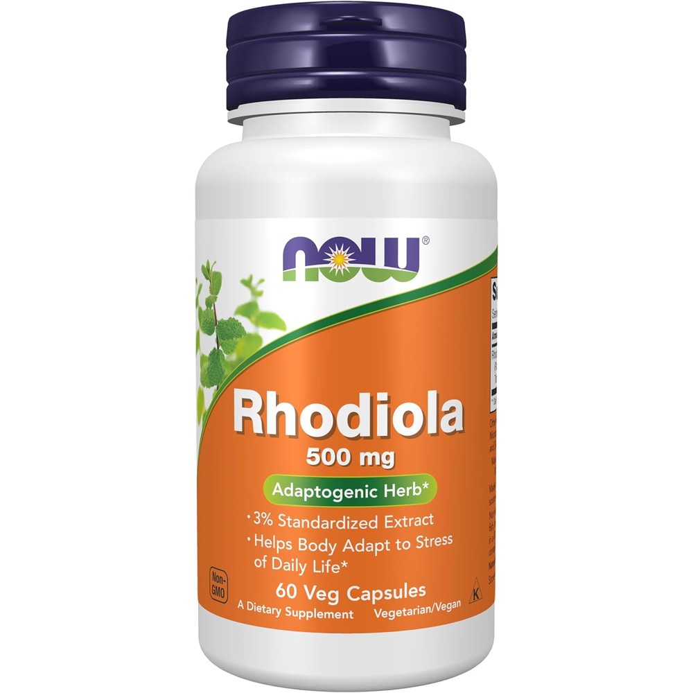 NOW Foods Rhodiola 500mg bottle front view for premium stress management