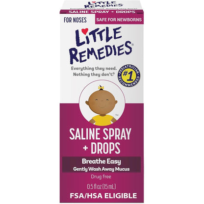 Little Remedies Saline Spray and Drops 0.5 fluid ounce bottle front view for infant nasal congestion relief.