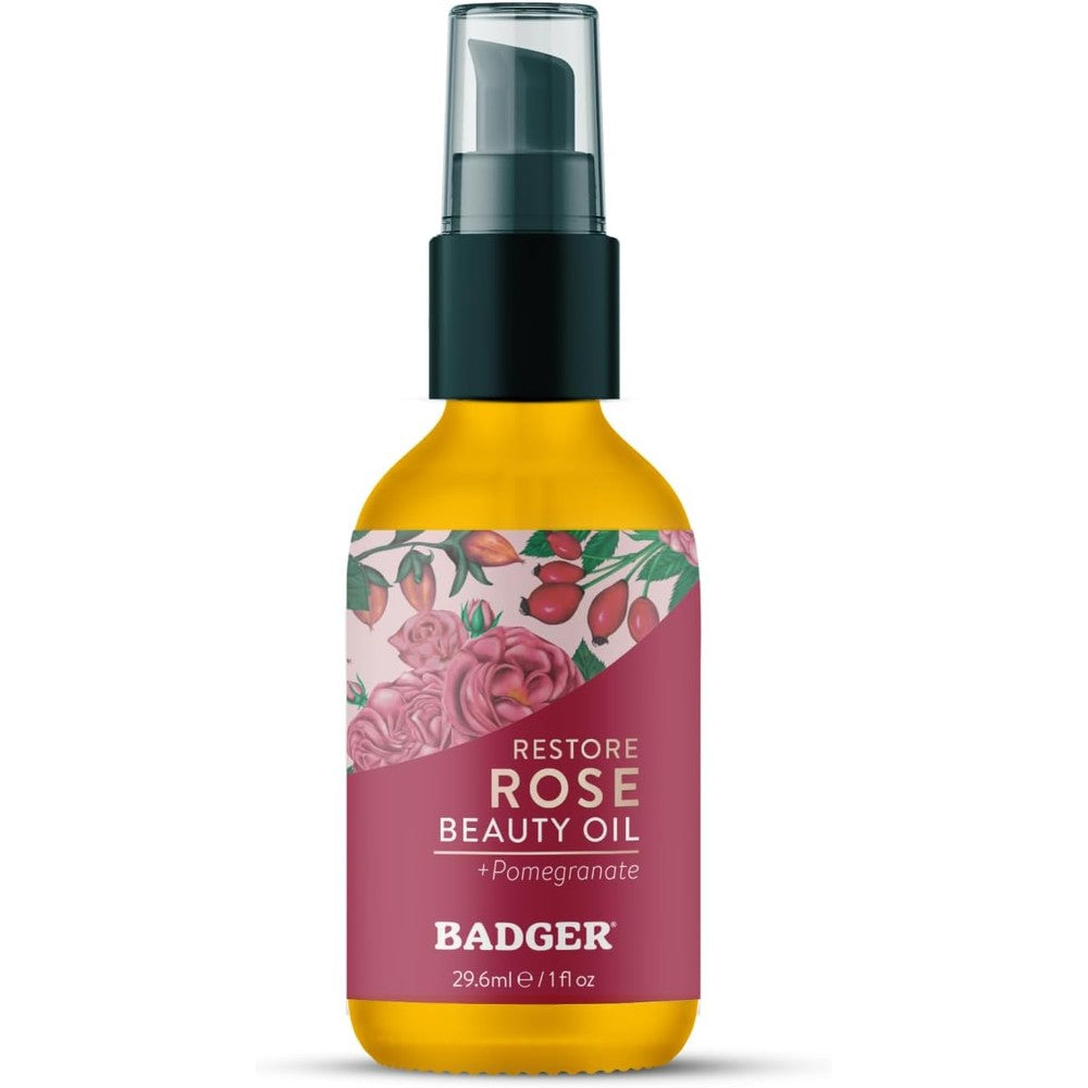 Badger Damascus Rose Antioxidant Face Oil front view of the organic glass bottle packaging