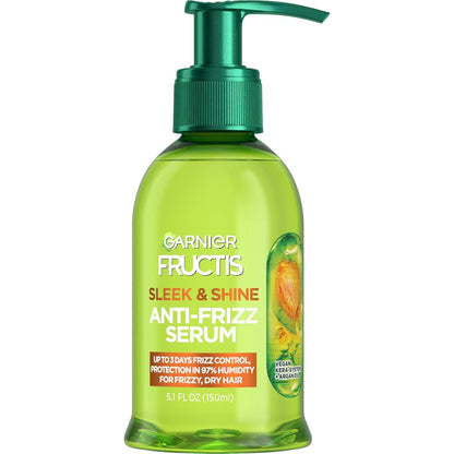 Garnier Fructis Sleek and Shine Anti Frizz Serum front view of the green pump bottle