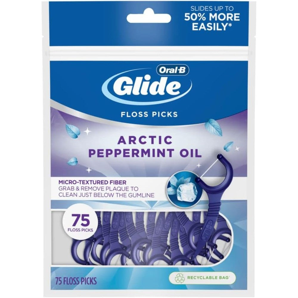 Oral-B Glide 3D White Floss Picks Radiant Mint 75 count front view packaging showing whitening dental flossers.