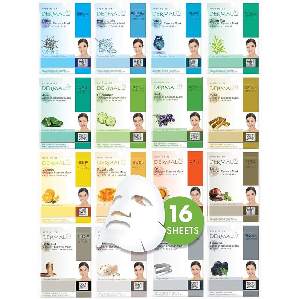 Dermal Korea collagen essence 16 combo pack facial mask sheets front view