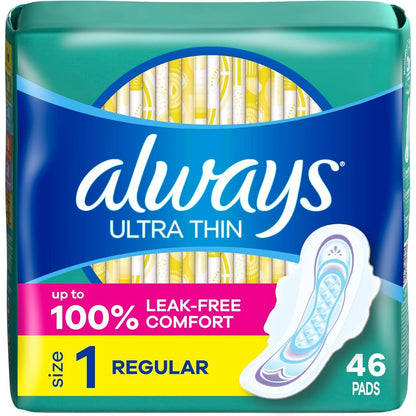 Always Ultra Thin Pads with Wings Size 1 Regular 46 count front packaging for feminine care.