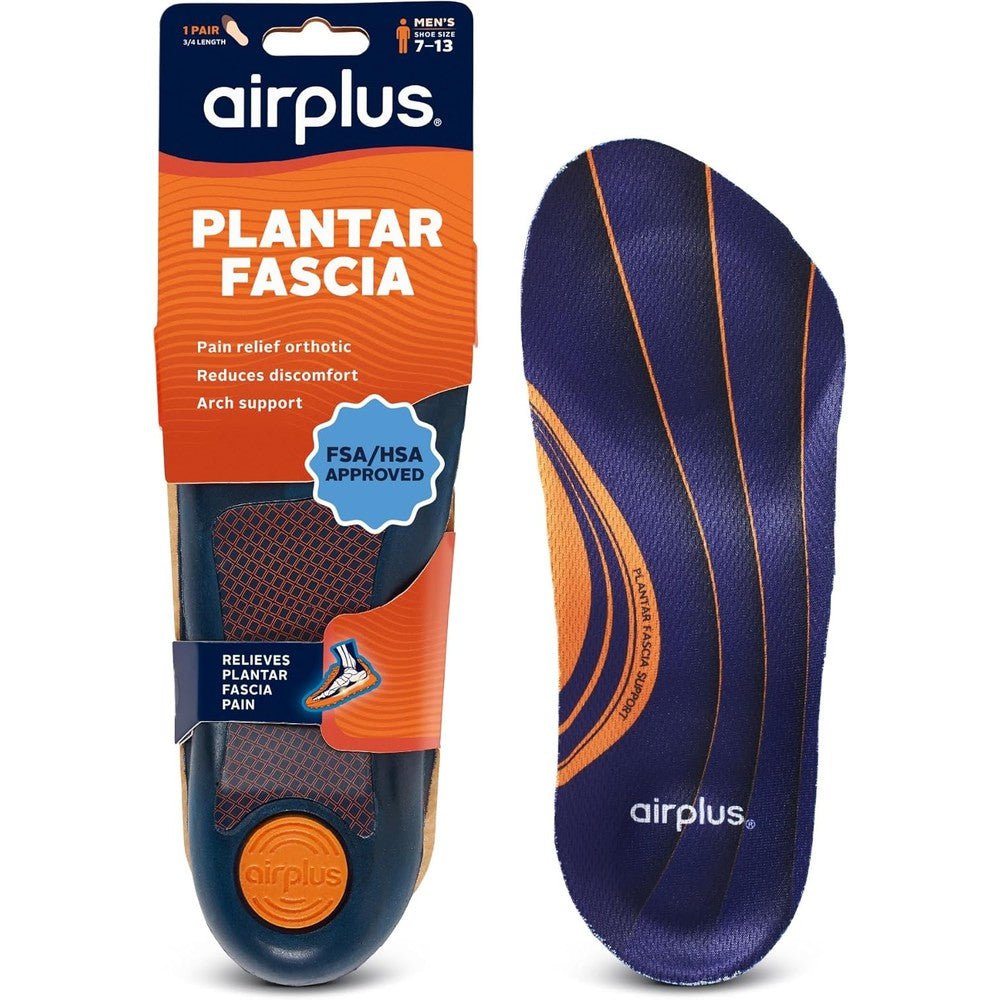 Airplus Plantar Fascia Orthotic three quarter length insoles front view with arch support plate.