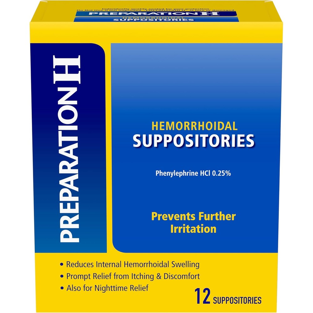 Preparation H Hemorrhoid Suppositories 12 Count box front view for internal swelling relief