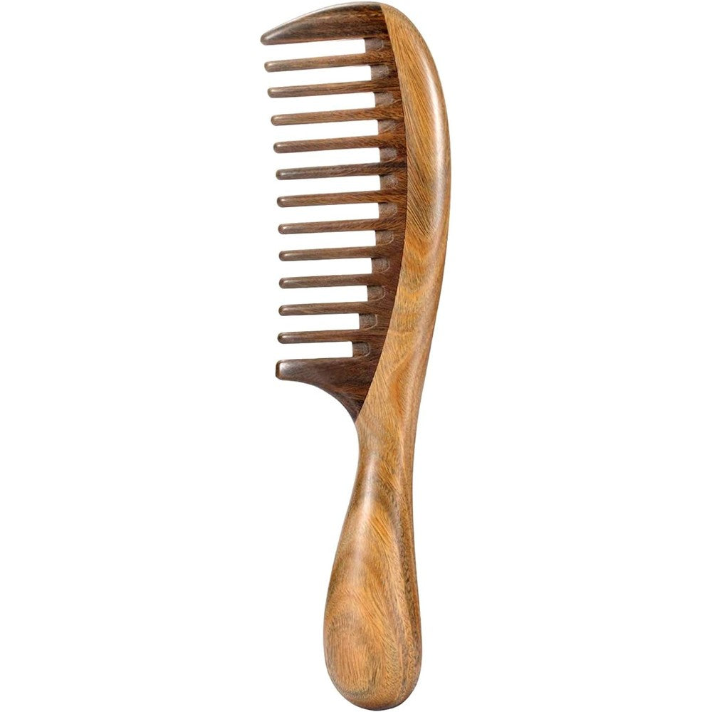 Louise Maelys natural sandalwood wooden wide tooth hair comb front view for anti static curly hair detangling