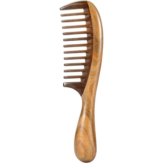 Louise Maelys natural sandalwood wooden wide tooth hair comb front view for anti static curly hair detangling