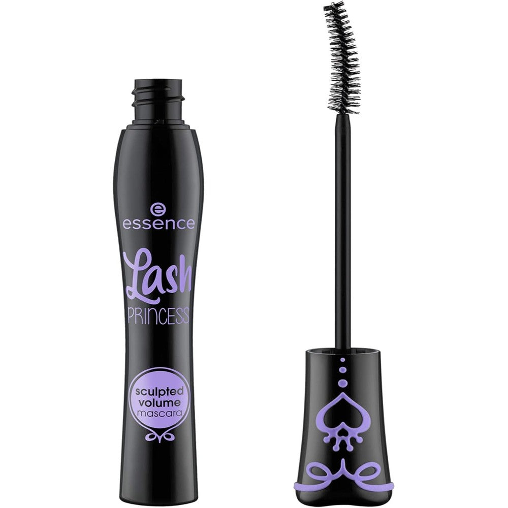 Essence Cosmetics Lash Princess Sculpted Volume Mascara front view showing the iconic black tube with lavender corset detailing.