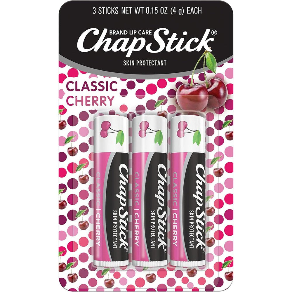 ChapStick Classic Cherry Lip Balm three pack front view highlighting authentic imported USA packaging for daily lip care.