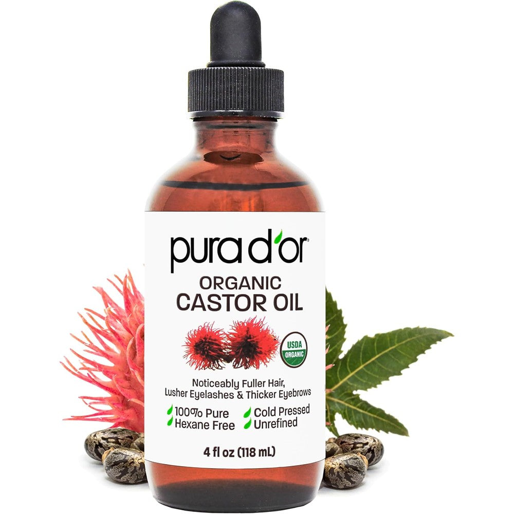 PURA D'OR Organic Castor Oil four ounce bottle front view for lash and brow growth