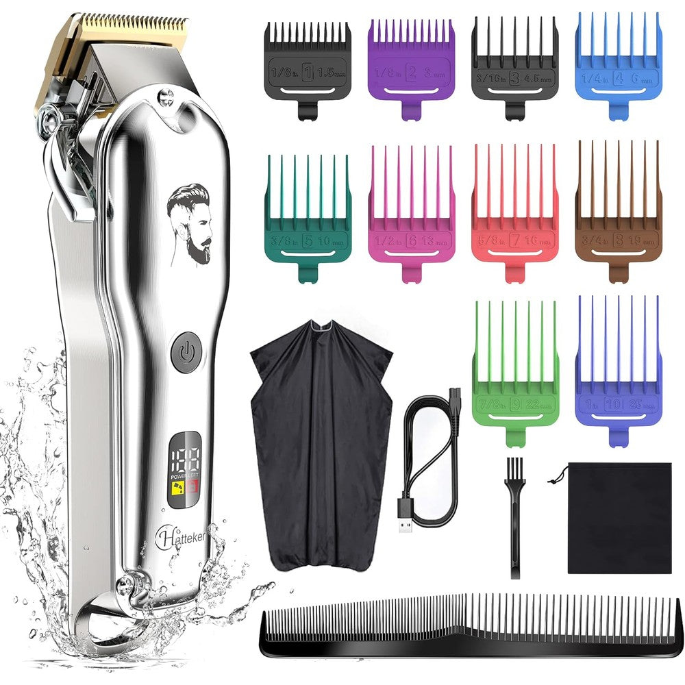 Hatteker professional cordless hair clipper and beard trimmer kit front view showing premium silver metal casing