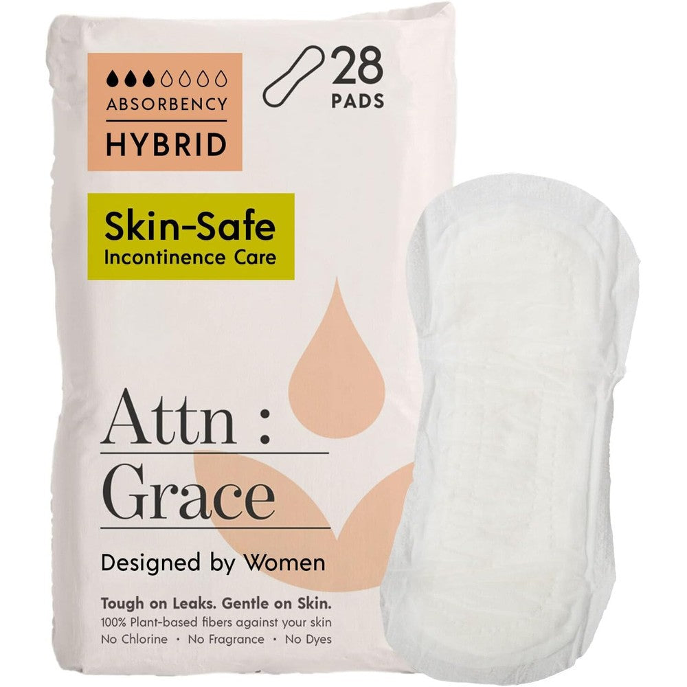 Attn Grace Hybrid Incontinence Pads for Women 28 pack front packaging view showcasing plant based materials.