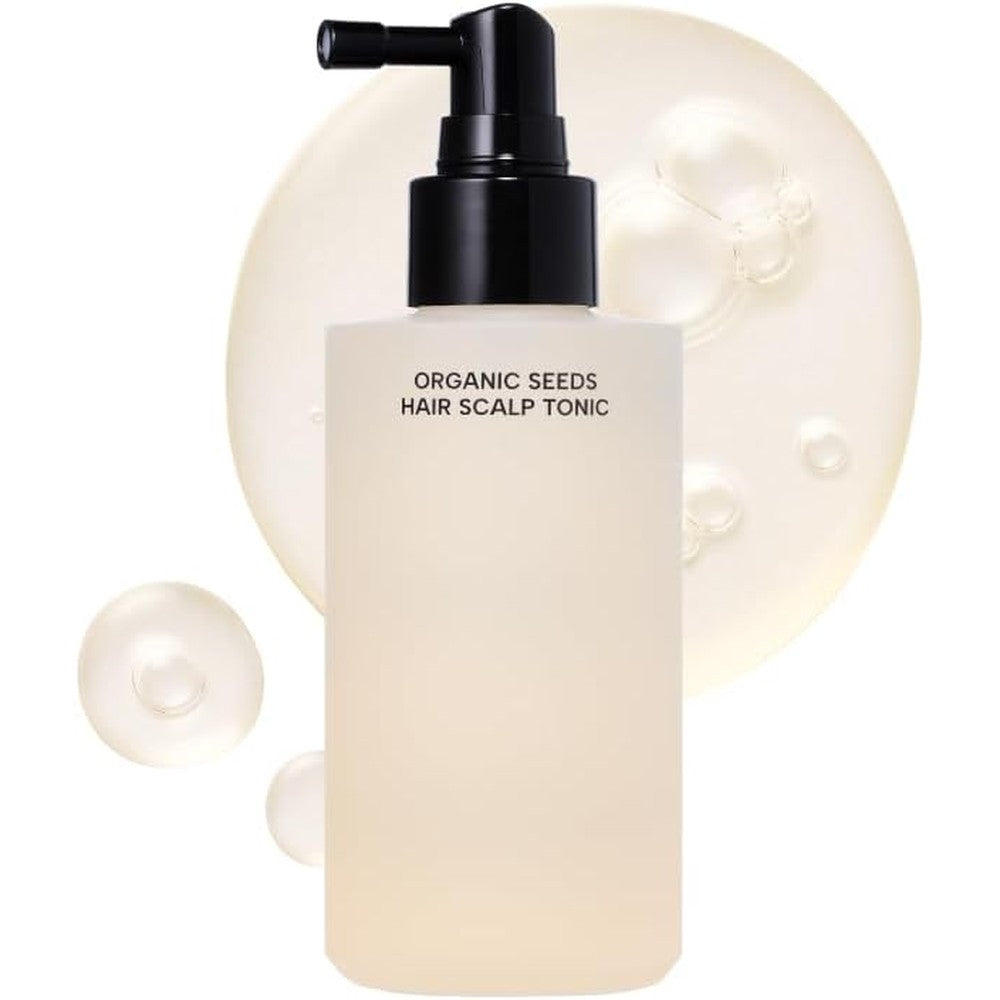 Whamisa Organic Seeds Hair Scalp Tonic front view of the one hundred sixty-five milliliter bottle showing targeted spray applicator for Korean scalp care.