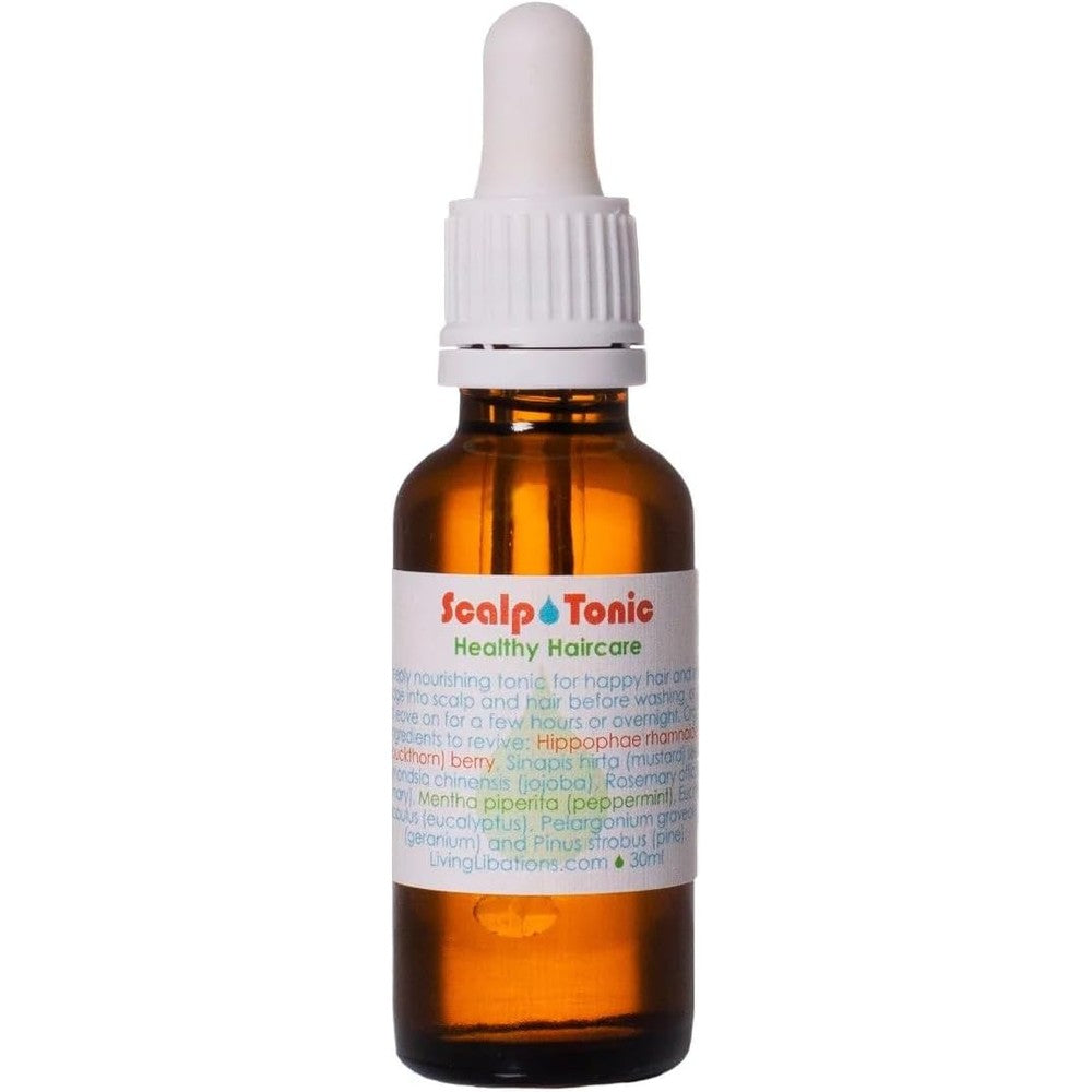 Living Libations Organic Hair And Scalp Tonic 30ml front view bottle for natural clean beauty routine.
