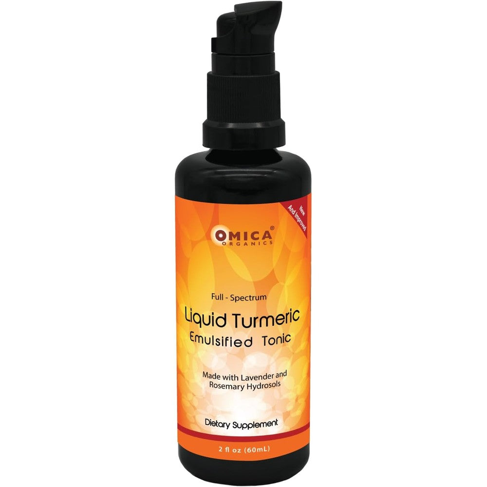 Omica Organics Liquid Turmeric Emulsified Tonic front view bottle for natural antioxidant support.