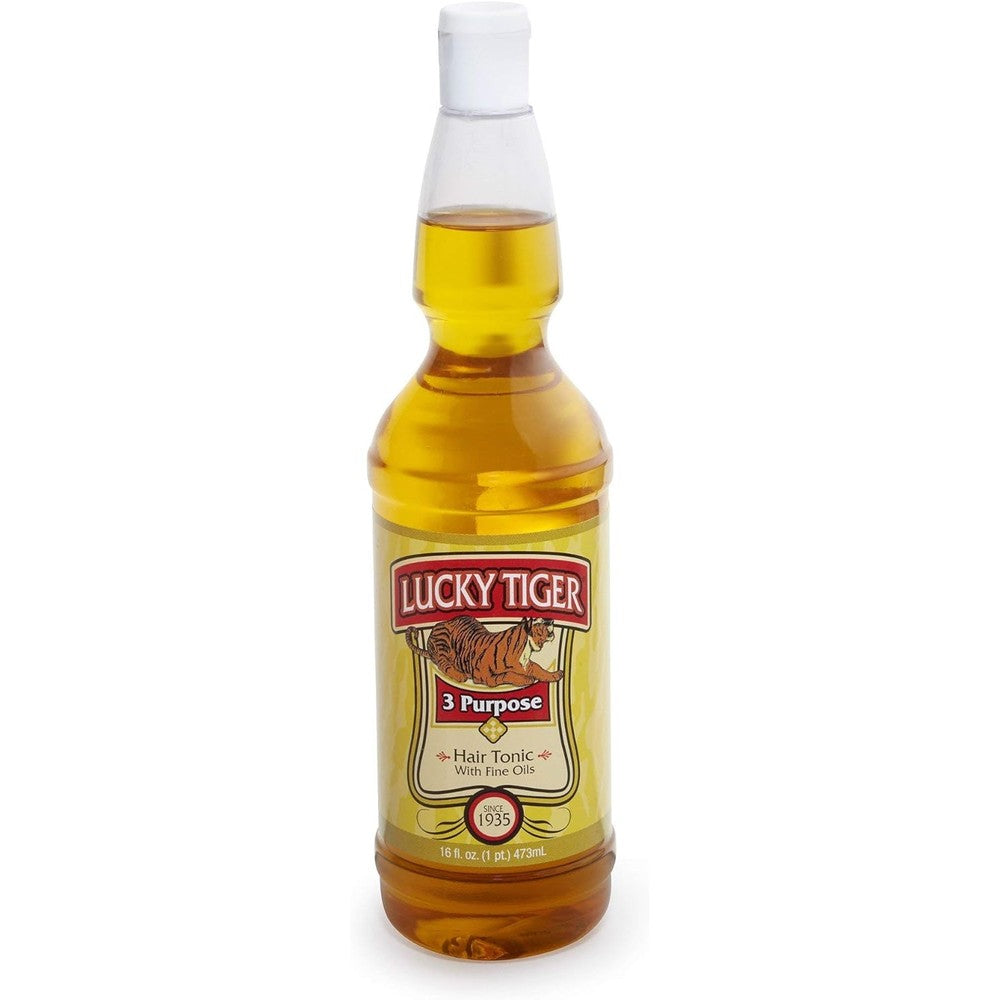 Lucky Tiger Three Purpose Hair Tonic 16 Fluid Ounce bottle front view authentic imported men grooming liquid