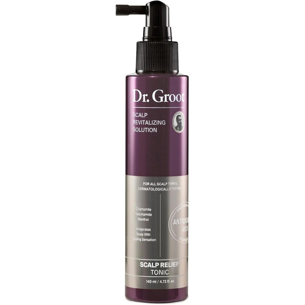 Dr. Groot Scalp Relief Tonic front view of the 140 ml bottle for dry scalp care