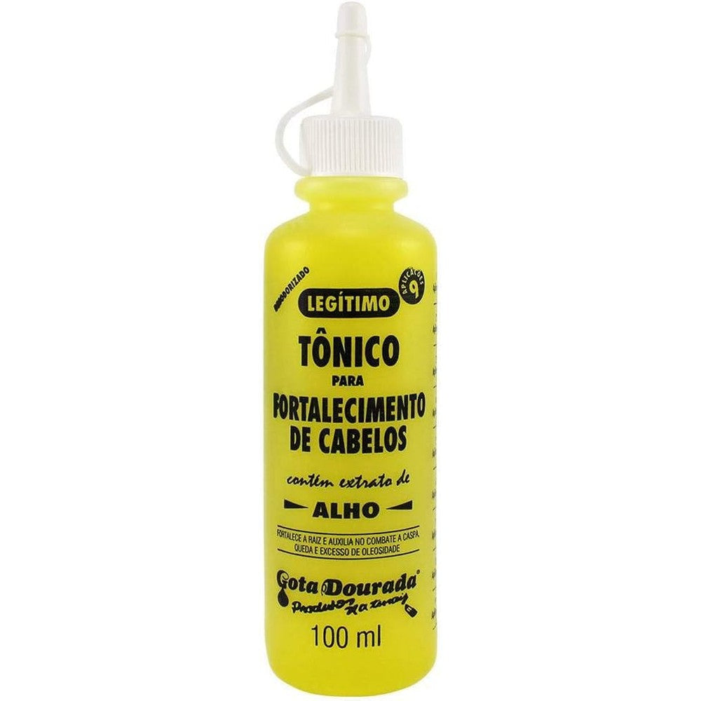 Gota Dourada Garlic Hair Strengthening Tonic front view yellow bottle for anti hair loss treatment