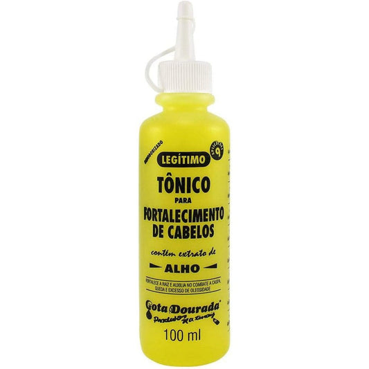 Gota Dourada Garlic Hair Strengthening Tonic front view yellow bottle for anti hair loss treatment