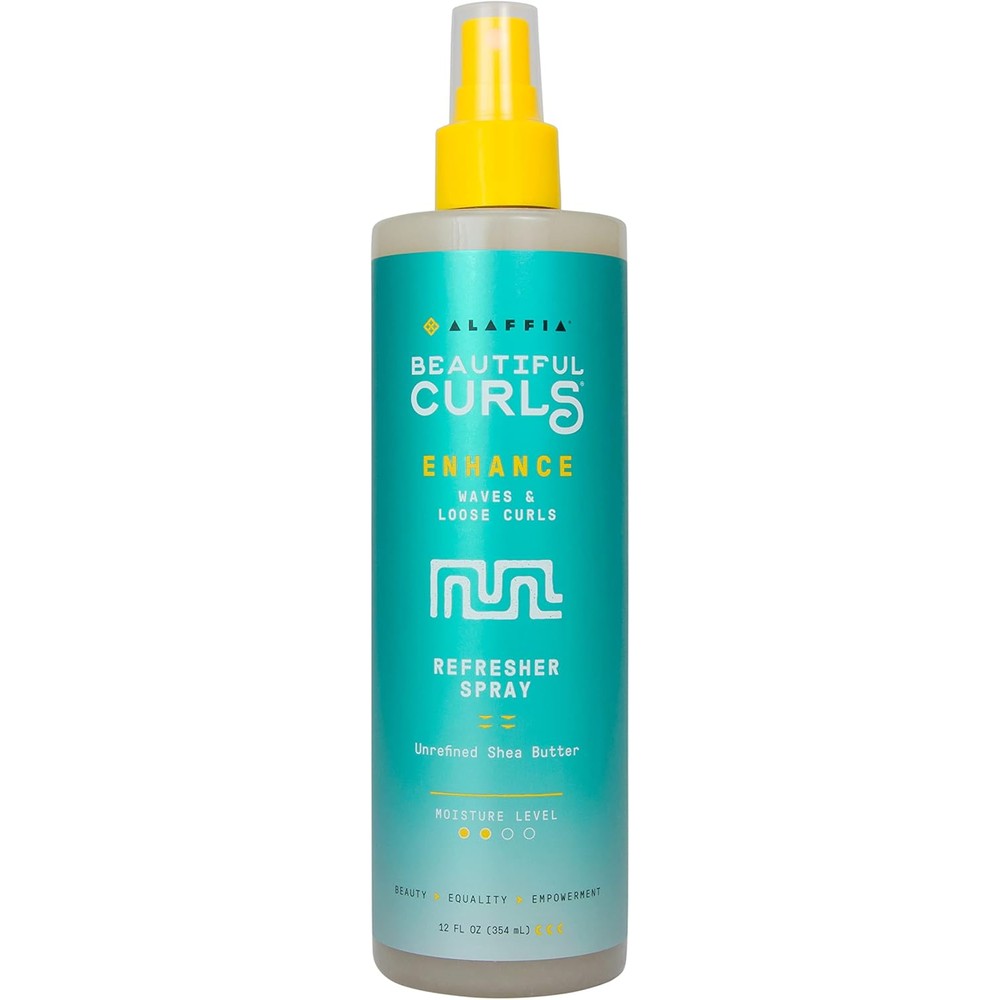 Alaffia Beautiful Curls Curl Enhance Refresher Spray 12 Fluid Ounce front view bottle showcasing the teal packaging.
