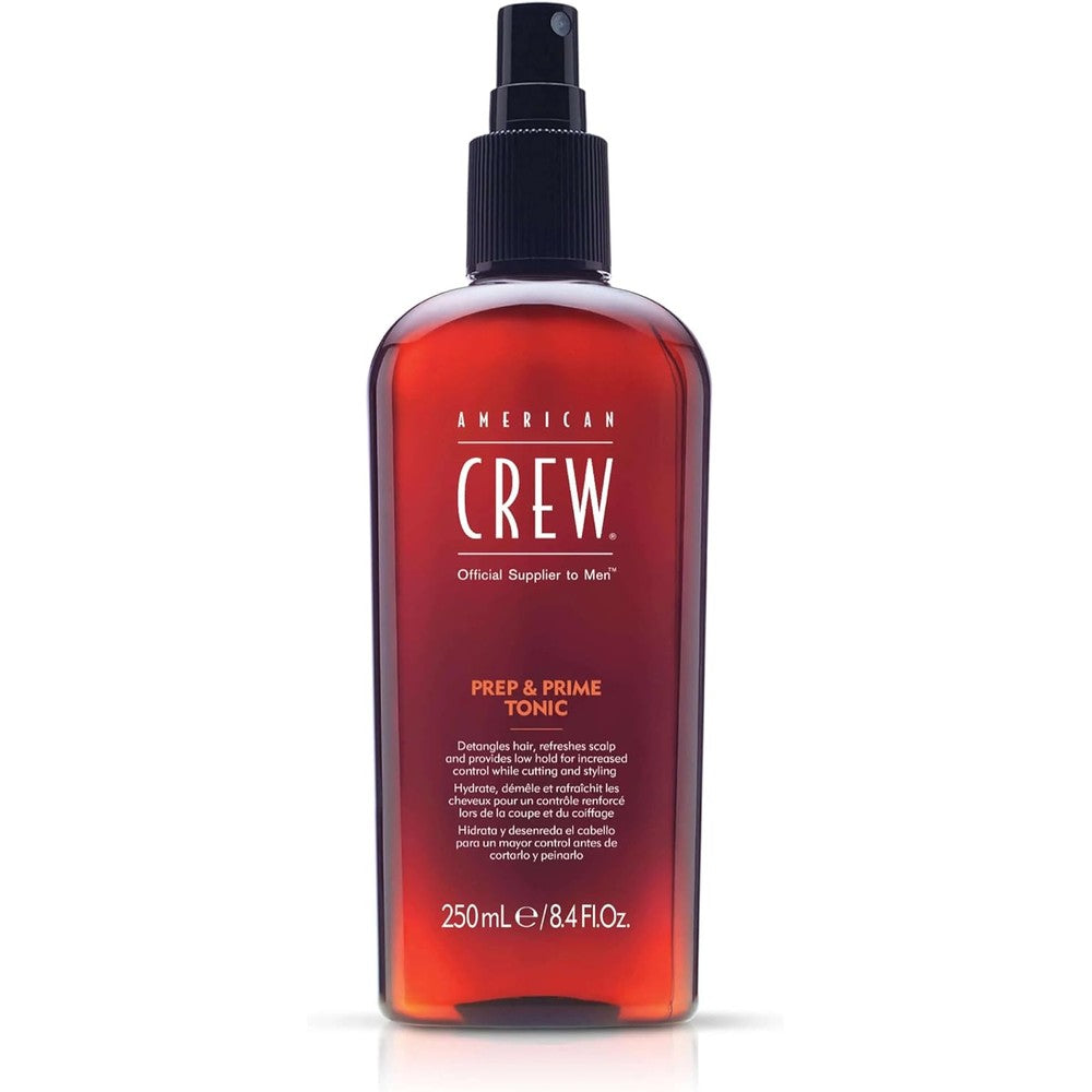 American Crew Prep and Prime Tonic front view hair spray bottle