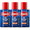 Alpecin After Shampoo Caffeine Liquid three pack front view showcasing authentic German hair recharger packaging.