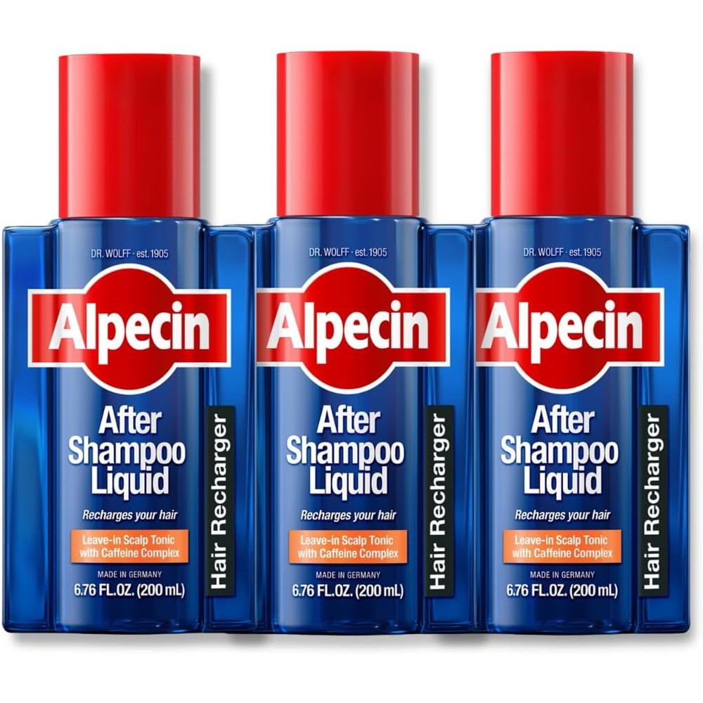 Alpecin After Shampoo Caffeine Liquid three pack front view showcasing authentic German hair recharger packaging.