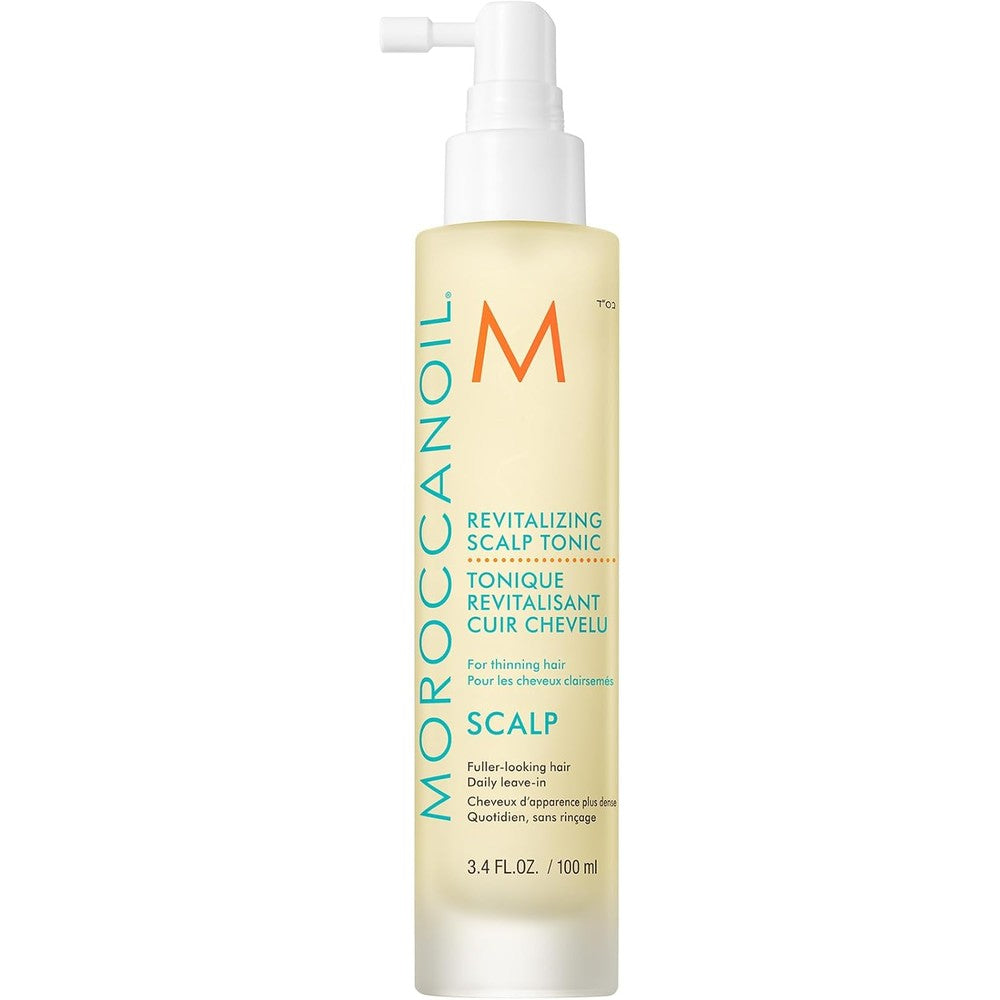 Moroccanoil Revitalizing Scalp Tonic Treatment front view of the 100ml spray bottle for thinning hair treatment.