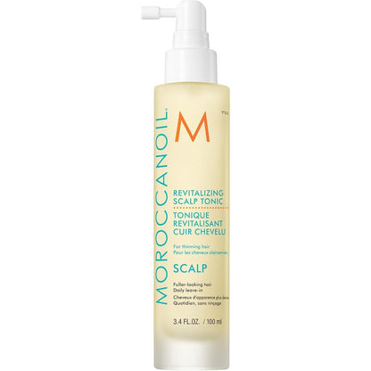 Moroccanoil Revitalizing Scalp Tonic Treatment front view of the 100ml spray bottle for thinning hair treatment.